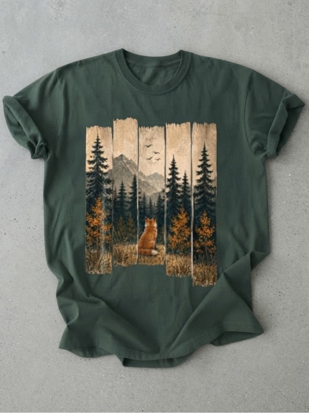 Forest Fox Nature Mountain Autumn Wildlife Scenic Green Gildan T-Shirt
